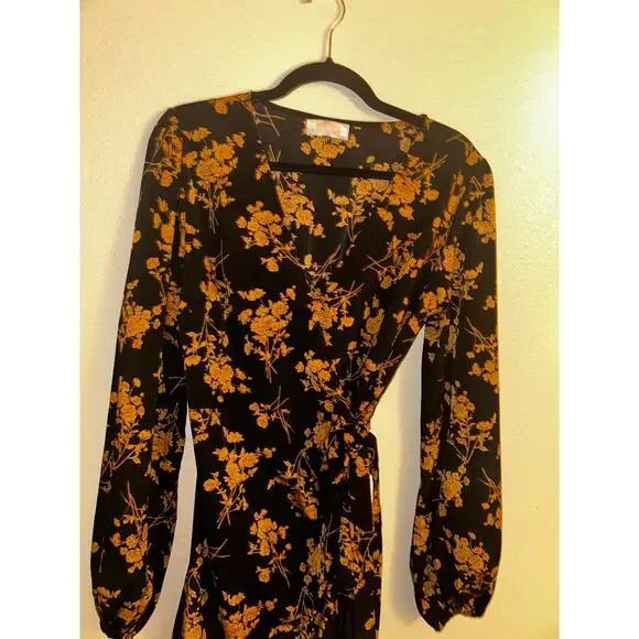 C+D+M Boho Preppy Professional Old Money Black & Gold Floral Wrap Dress - Picture 4 of 14